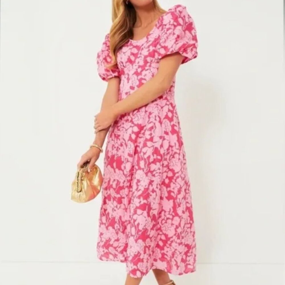 Hyacinth House Pink Floral Puff Sleeve Empire Ella Midi Dress Size Large